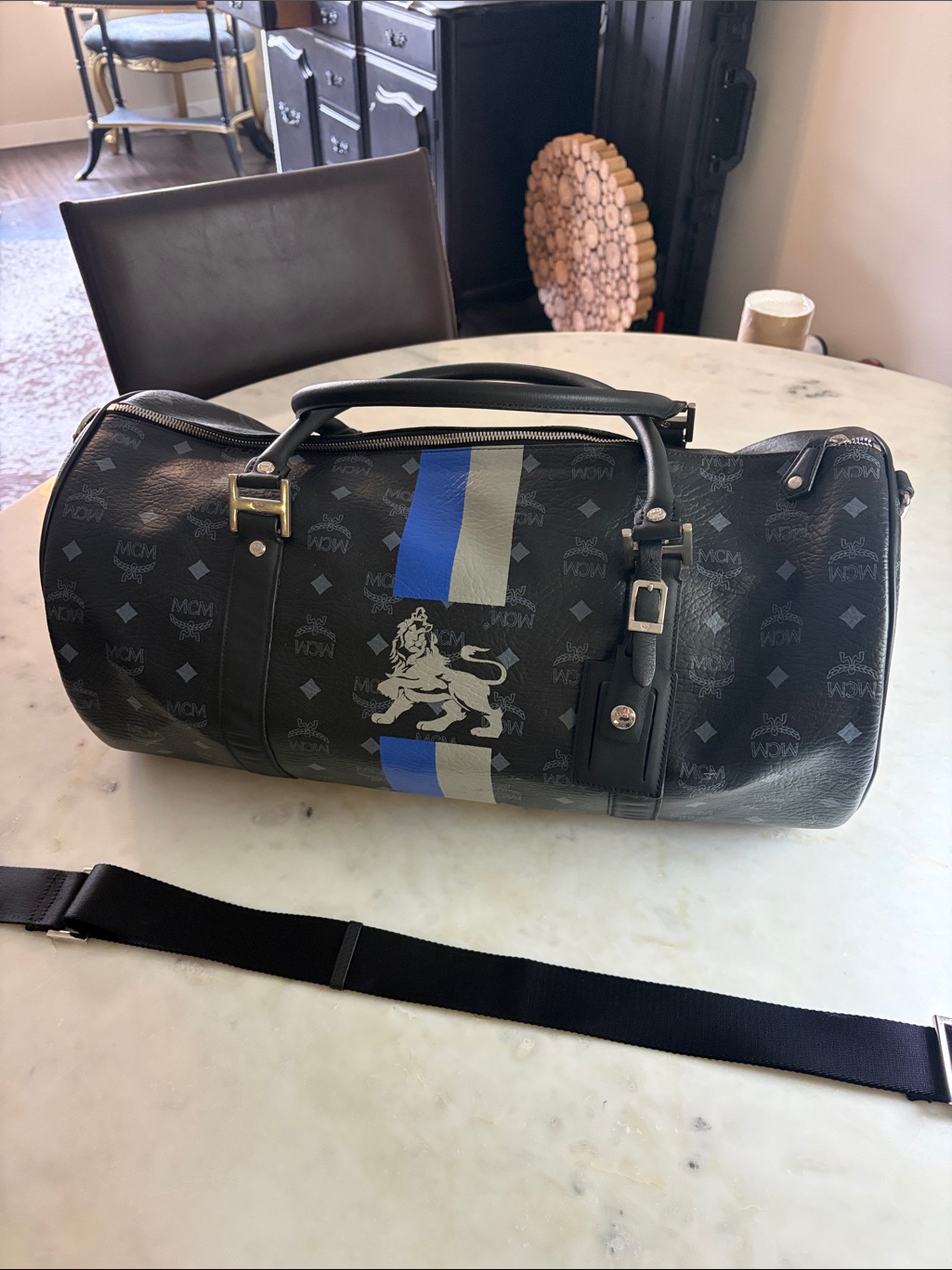 Mcm Black Leather Barrel Duffel With Blue & Gray Stripe